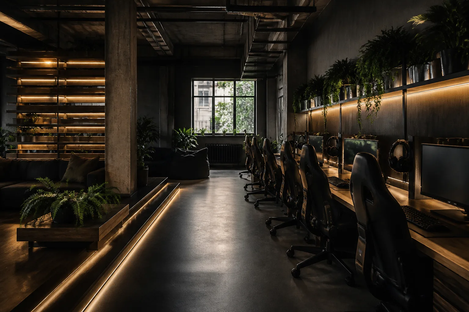 Detal przestrzeni salon gamingowy, naturalne światło, styl gamingowy, bez tekstu i logo. salon gamingowy w Łodzi. Atmospheric dark light.