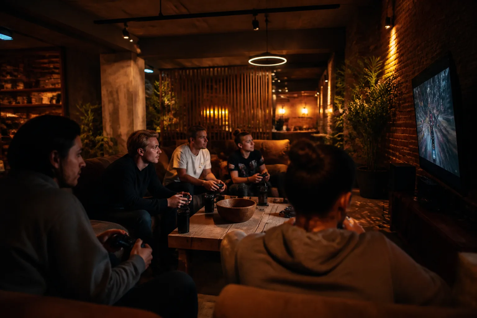 Dynamiczne, redakcyjne ujęcie wspólnej gry wieloosobowej w salon gamingowy, bez tekstu i logo. salon gamingowy w Łodzi. Atmospheric dark light.